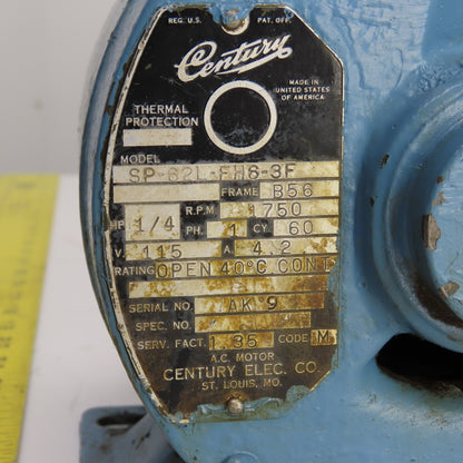 Century SP-62L-FH6-3F 1/4HP Electric Motor 1750RPM 115V 1PH B56 Frame Tested