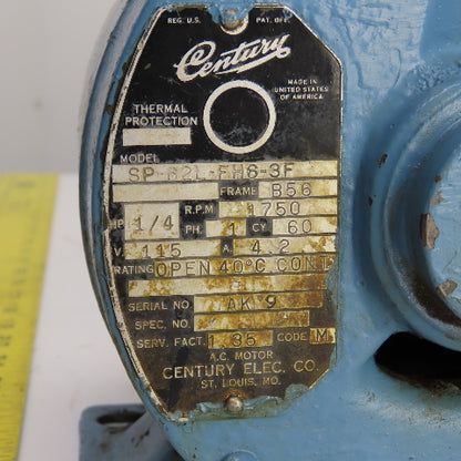 Century SP-62L-FH6-3F 1/4HP Electric Motor 1750RPM 115V 1PH B56 Frame Tested