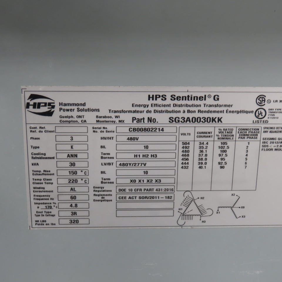 Hammond Power Solutions SG3A0030KK 30KVA Transformer Pri 480V Sec 480Y/277V 3Ph