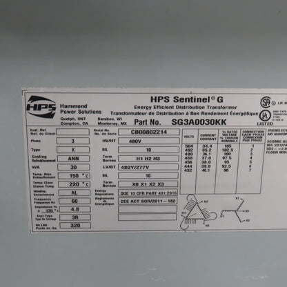 Hammond Power Solutions SG3A0030KK 30KVA Transformer Pri 480V Sec 480Y/277V 3Ph