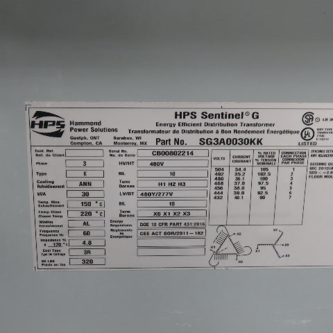 Hammond Power Solutions SG3A0030KK 30KVA Transformer Pri 480V Sec 480Y/277V 3Ph