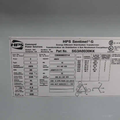 Hammond Power Solutions SG3A0030KK 30KVA Transformer Pri 480V Sec 480Y/277V 3Ph