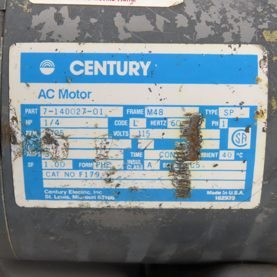 Century 7-140027-01 1/4HP Electric Motor 1725RPM 115V 1PH M48 Frame Tested