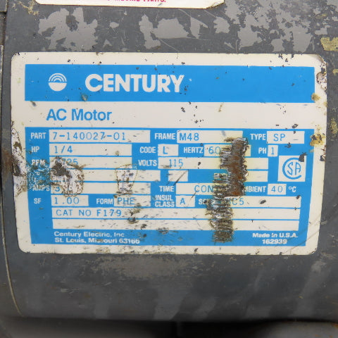 Century 7-140027-01 1/4HP Electric Motor 1725RPM 115V 1PH M48 Frame Tested