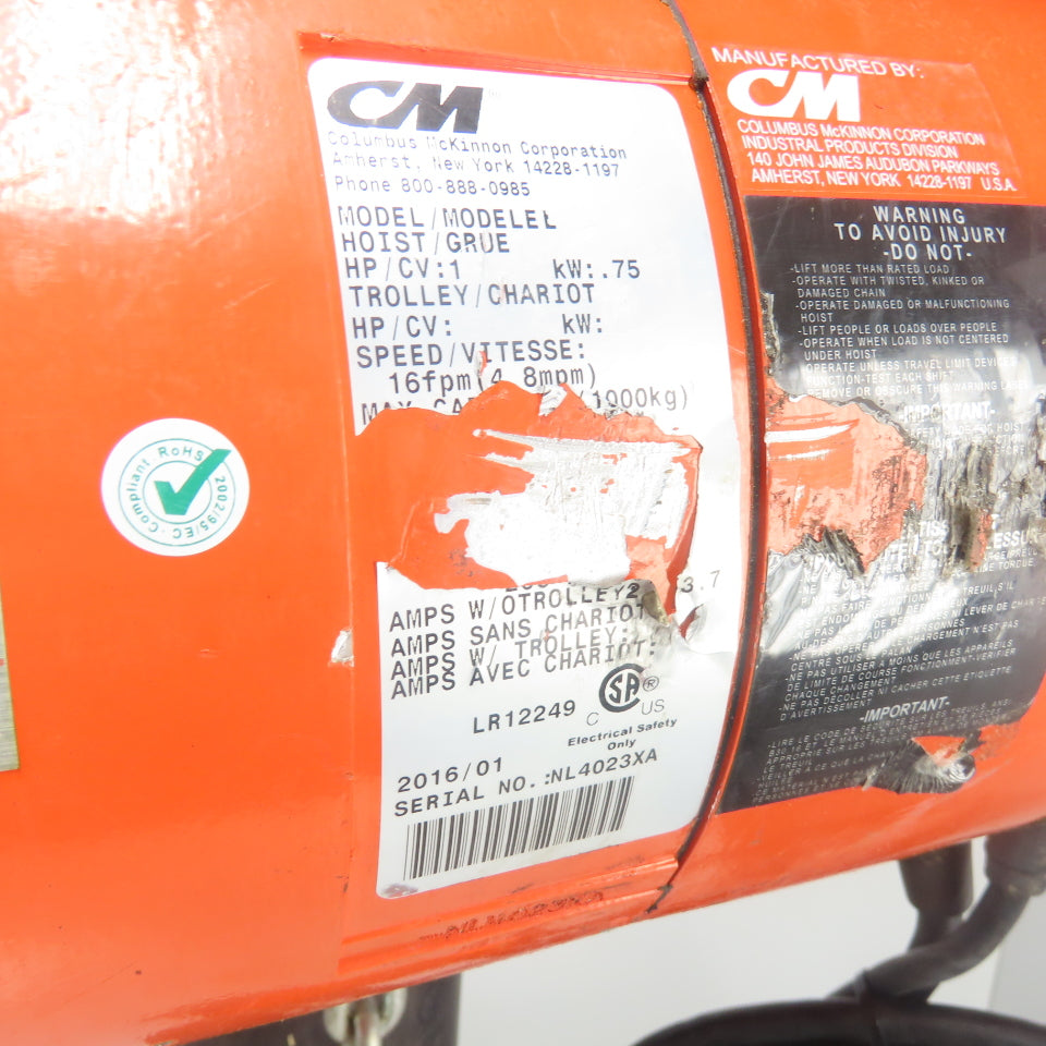 CM Lodestar Model L 1 Ton 2000LB Electric Cain Hoist 15' Lift 16FPM 230/460V