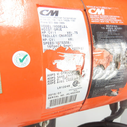 CM Lodestar Model L 1 Ton 2000LB Electric Cain Hoist 15' Lift 16FPM 230/460V