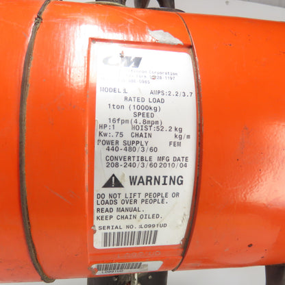 CM Lodestar Model L 1 Ton 2000LB Electric Cain Hoist 10' Lift 16FPM 230/460V