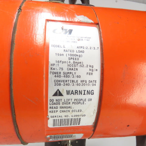 CM Lodestar Model L 1 Ton 2000LB Electric Cain Hoist 10' Lift 16FPM 230/460V