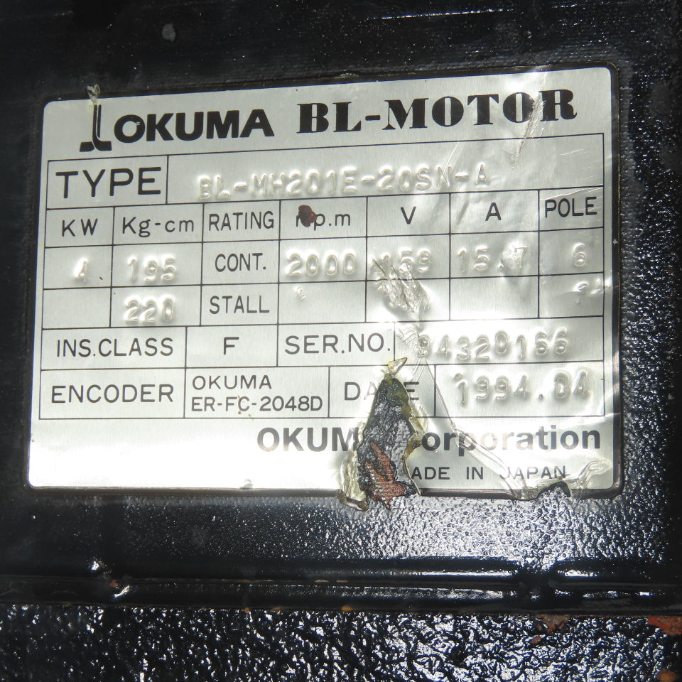 Okuma BL-MH201E-20SN-A 4kW AC Servo Motor 2000 RPM 159V W/Encoder ER-FC-2048D