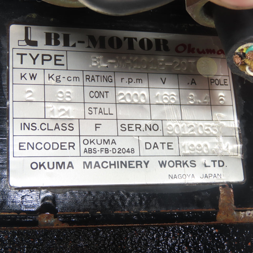 Okuma BL-MH101E-20T 2KW Servo Motor 2000RPM 166V 8.4A 6-Pole W/ Encoder