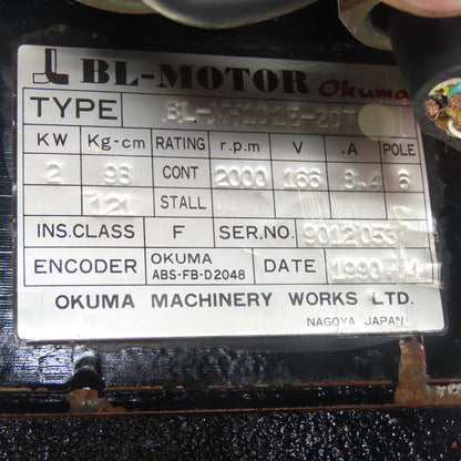 Okuma BL-MH101E-20T 2KW Servo Motor 2000RPM 166V 8.4A 6-Pole W/ Encoder