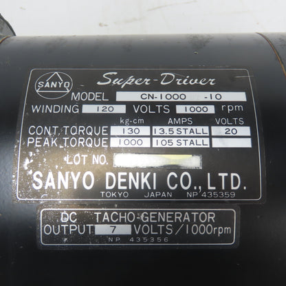 Sanyo CN-1000BT-10 Super Driver Servo Motor 120V 1000RPMW/ Encoder And Brake