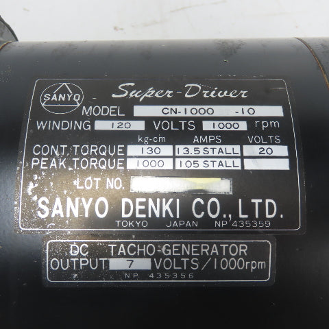 Sanyo CN-1000BT-10 Super Driver Servo Motor 120V 1000RPMW/ Encoder And Brake