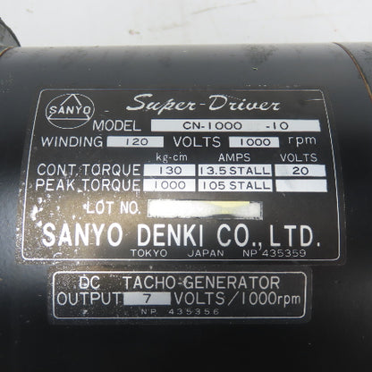 Sanyo CN-1000BT-10 Super Driver Servo Motor 120V 1000RPMW/ Encoder And Brake