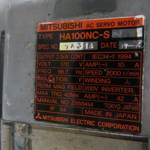 Mitsubishi HA100NC-S AC Servo Motor 35mm Shaft 2.0KW 2000RPM 170V W/Encoder