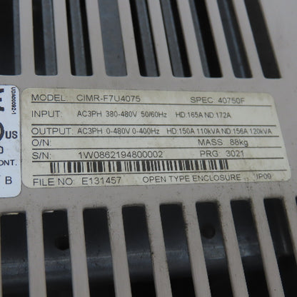Yaskawa CIMR-F7U4075 Impulse 4150-FVG+S3 AC Drive 3Ph 480V 120KVA 150A