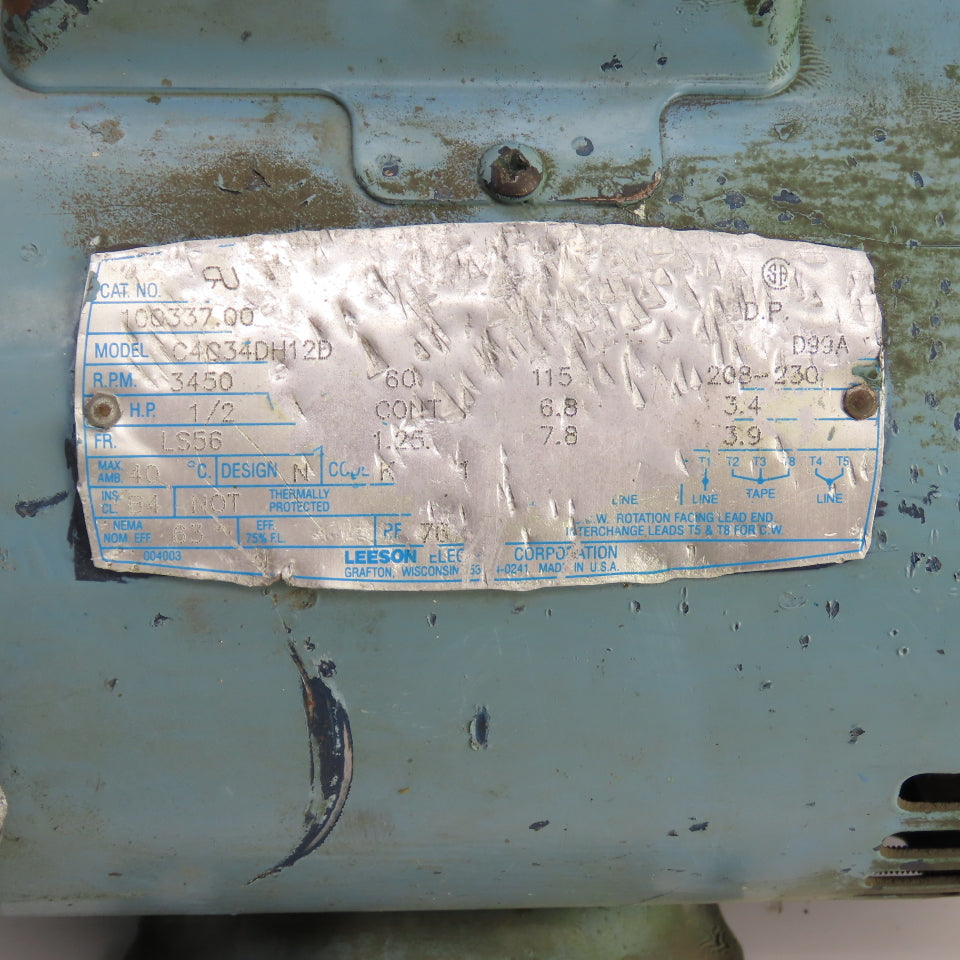 Leeson C4C34DH12D 1/2HP AC Electric Motor 3450RPM 115/230V 1PH LS56 Frame Tested