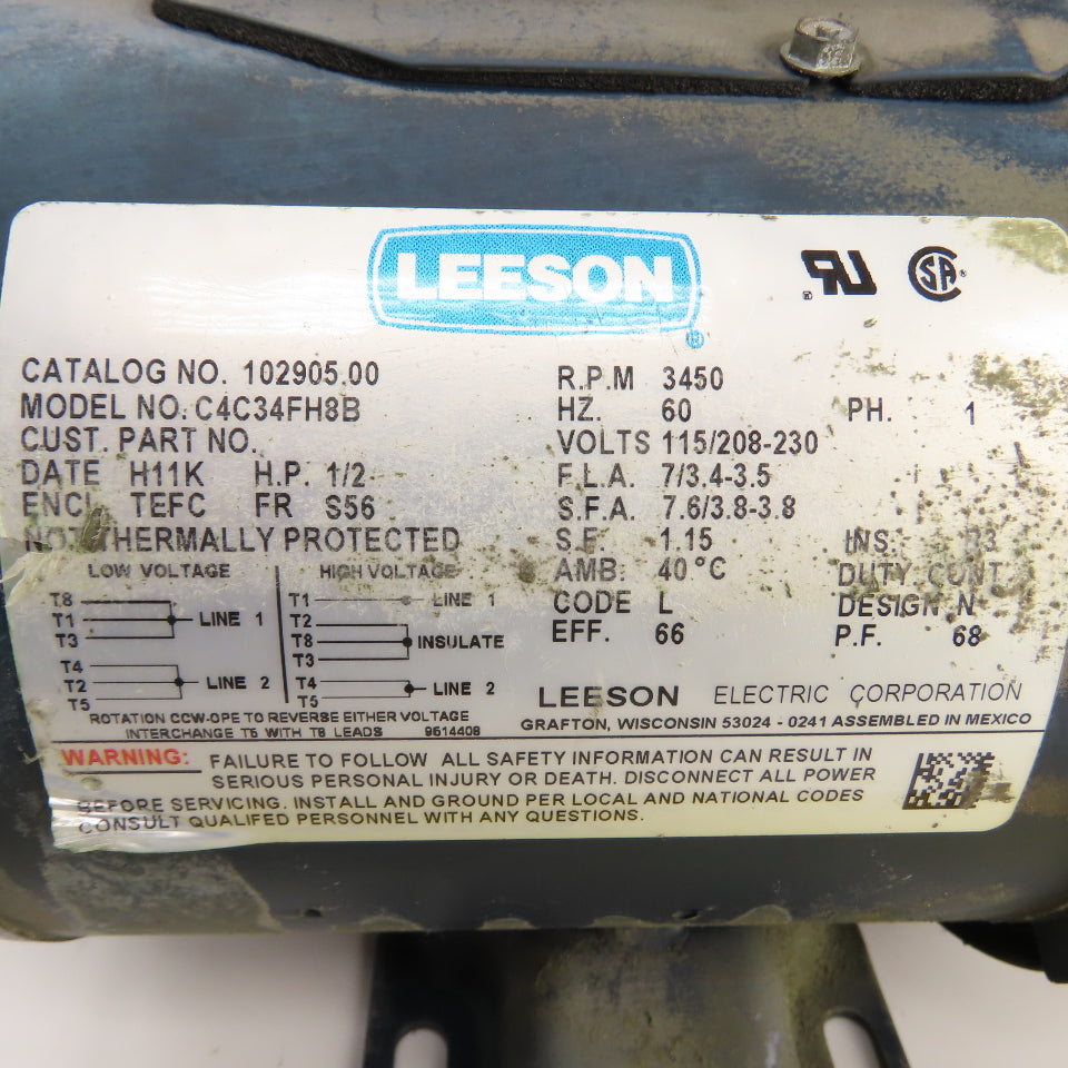 Leeson C4C34FH8B 1/2HP AC Electric Motor 3450RPM 115/230V 1PH S56 Frame Tested