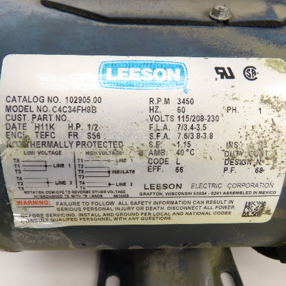 Leeson C4C34FH8B 1/2HP AC Electric Motor 3450RPM 115/230V 1PH S56 Frame Tested