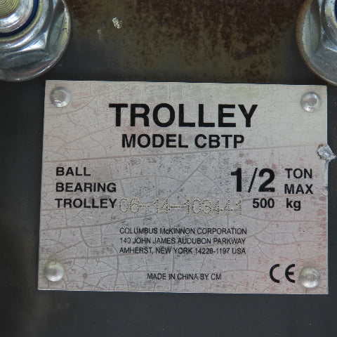 CM CBTP 1/2 Ton 1000LB Ball Bearing Hoist Trolley 2-1/2" To 8-1/2"