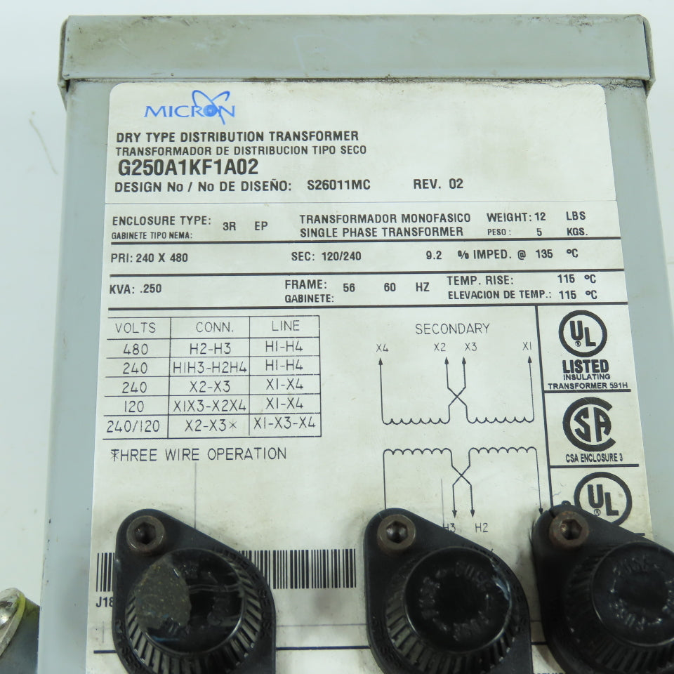 Micron G250A1KF1A02 .250kVA Distribution Transformer Pri 240/480 Sec 120/240 1PH