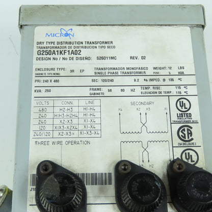 Micron G250A1KF1A02 .250kVA Distribution Transformer Pri 240/480 Sec 120/240 1PH
