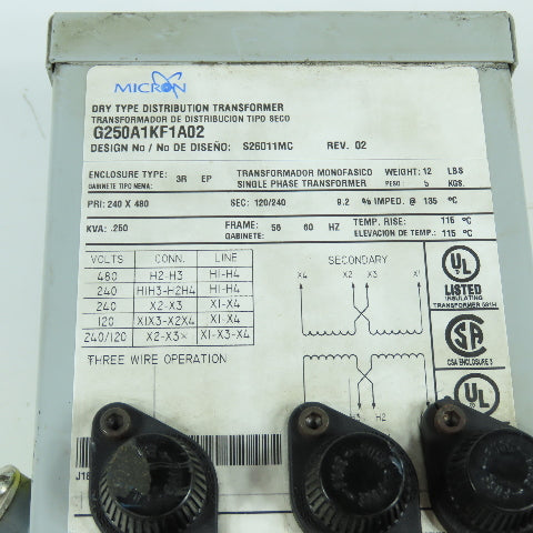 Micron G250A1KF1A02 .250kVA Distribution Transformer Pri 240/480 Sec 120/240 1PH
