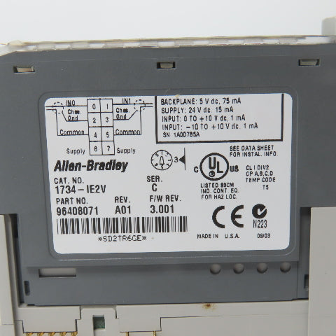 Allen Bradley 1734-IE2V Ser C Analog Input Module 3.001 W/1734-RTB& 1734-MB Base