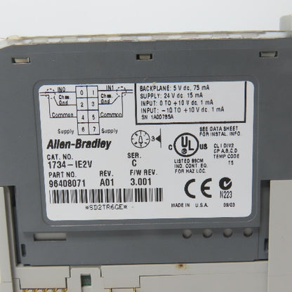 Allen Bradley 1734-IE2V Ser C Analog Input Module 3.001 W/1734-RTB& 1734-MB Base