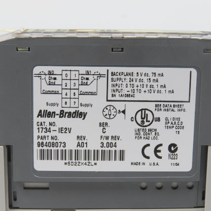 Allen Bradley 1734-IE2V Ser C Analog Input Module 3.004 W/1734-RTB& 1734-MB Base