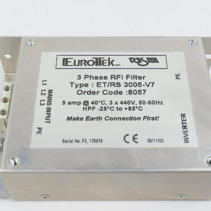 EuroTek ET/RS3005-V7 3-Phase RFI Filter 5A 440V 50/60HZ