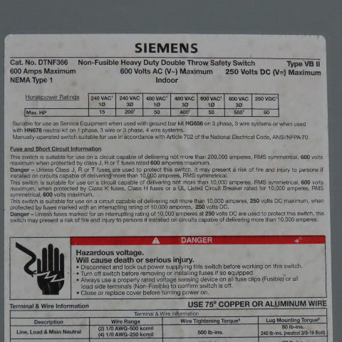 Siemens DTNF366 600VAC 250VDC Non-Fusible Double Throw Safety Switch 600A Type 1
