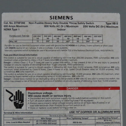 Siemens DTNF366 600VAC 250VDC Non-Fusible Double Throw Safety Switch 600A Type 1