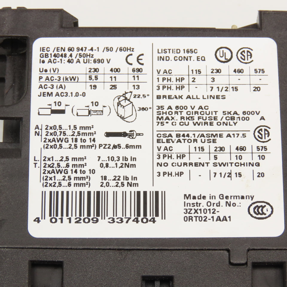Siemens 3RT1026-1AC20 35A 600V 20Hp Max Contactor Relay 24V AC 50/60Hz Coil