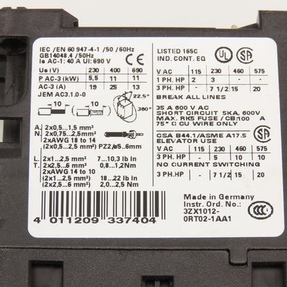 Siemens 3RT1026-1AC20 35A 600V 20Hp Max Contactor Relay 24V AC 50/60Hz Coil