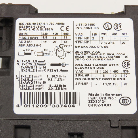 Siemens 3RT1026-1AC20 35A 600V 20Hp Max Contactor Relay 24V AC 50/60Hz Coil