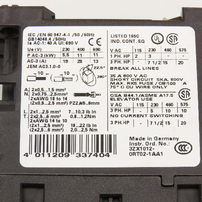 Siemens 3RT1026-1AC20 35A 600V 20Hp Max Contactor Relay 24V AC 50/60Hz Coil