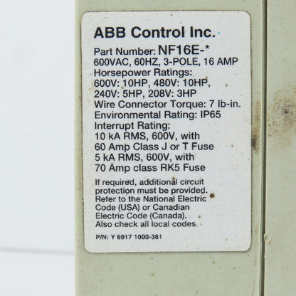 ABB NF16E-3PBJA 16A Motor Safety Disconnect Switch 600VAC 3-Pole 10HP
