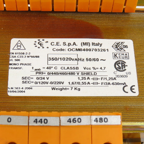 Kema Keur OCM0400703261 350/1020VA Transformer Pri 440-460-480V Sec 24-120/220