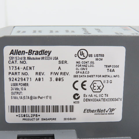 Allen Bradley 1734-AENT Ser A POINT I/O EtherNet/IP Adapter F/W 3.005 (Clean)