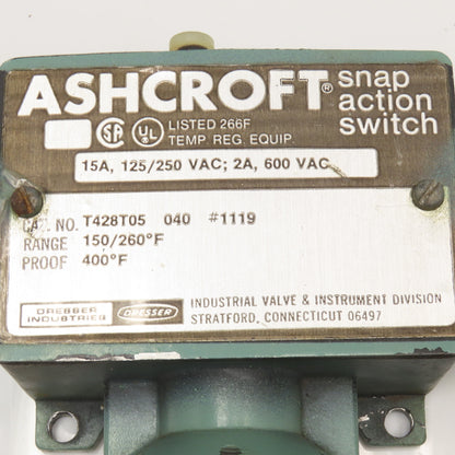 Ashcroft T428T05 15A 125/250V 150-260°F Snap Action Temperature Switch