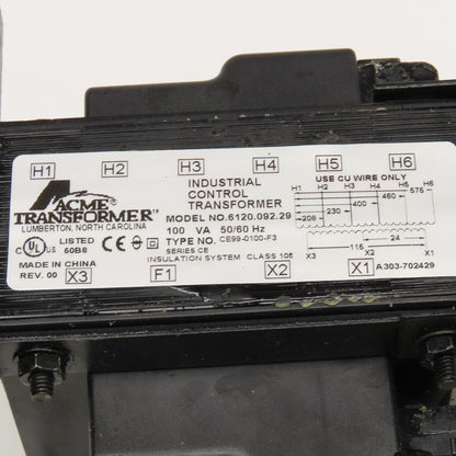 Acme 6120.092.29 208-575V Primary 115/24V Secondary 100VA Fused Transformer