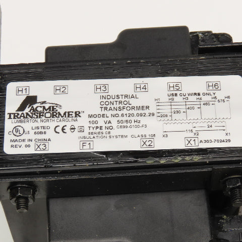 Acme 6120.092.29 208-575V Primary 115/24V Secondary 100VA Fused Transformer