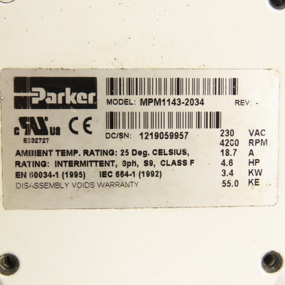 Parker MPM1143-2034 4.6HP 3.4kW Servo Motor 4200RPM 230VAC 18.7A 1.25" Shaft