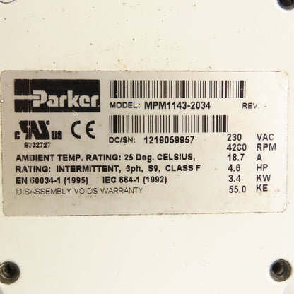 Parker MPM1143-2034 4.6HP 3.4kW Servo Motor 4200RPM 230VAC 18.7A 1.25" Shaft