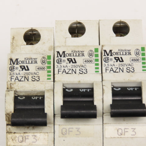 Klockner Moeller FAZN S3 3.5kA 250V 3A Single Pole Circuit Breaker Lot Of 3