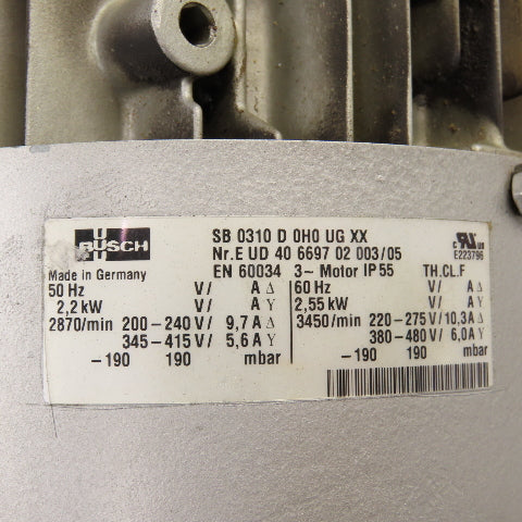 Busch SB 0310 D 0H0 UG XX 2.55kW Side Channel Regenerative Blower 230/460V 3PH