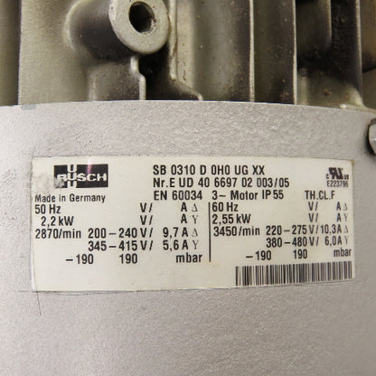 Busch SB 0310 D 0H0 UG XX 2.55kW Side Channel Regenerative Blower 230/460V 3PH