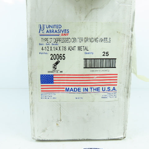United Abrasives 20065 A24T Type 27 Grinding Wheels 4-1/2 x 1/4 x 7/8 Lot/25