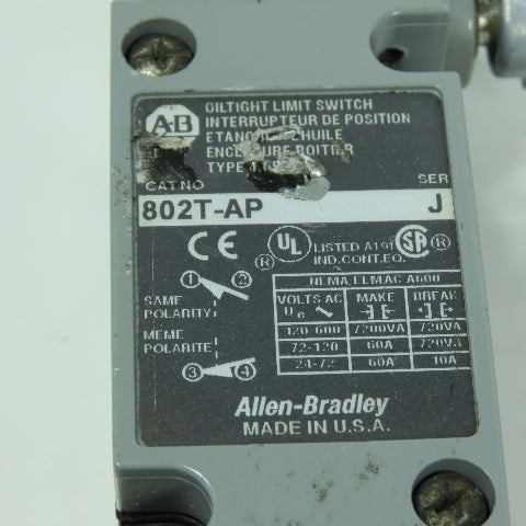 Allen Bradley 802T-AP Ser J Snap Action Roller Limit Switch W/ 40146-747-63 Head
